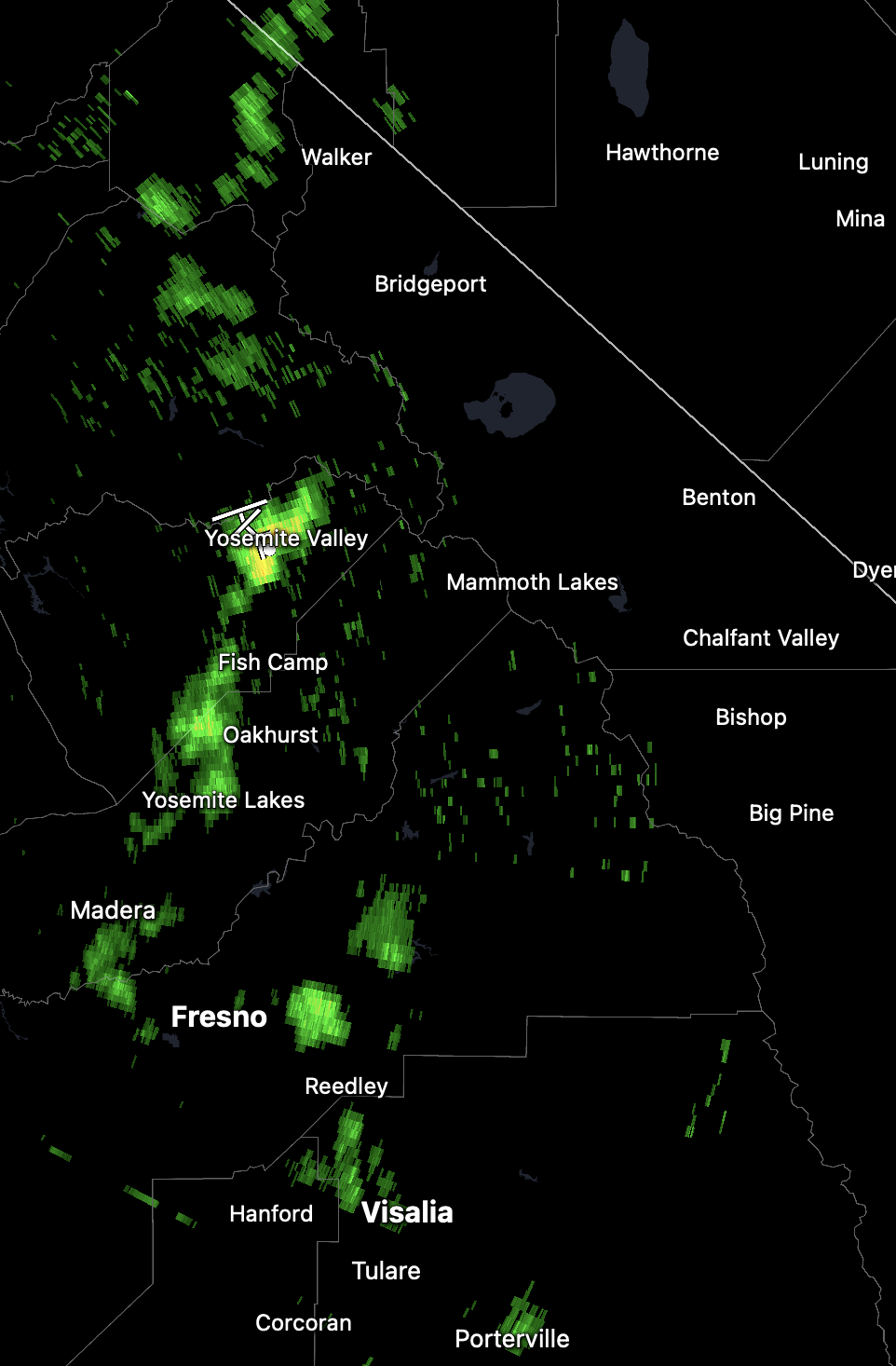 Radar showing rain cells tracking northward west of the Sierra Crest