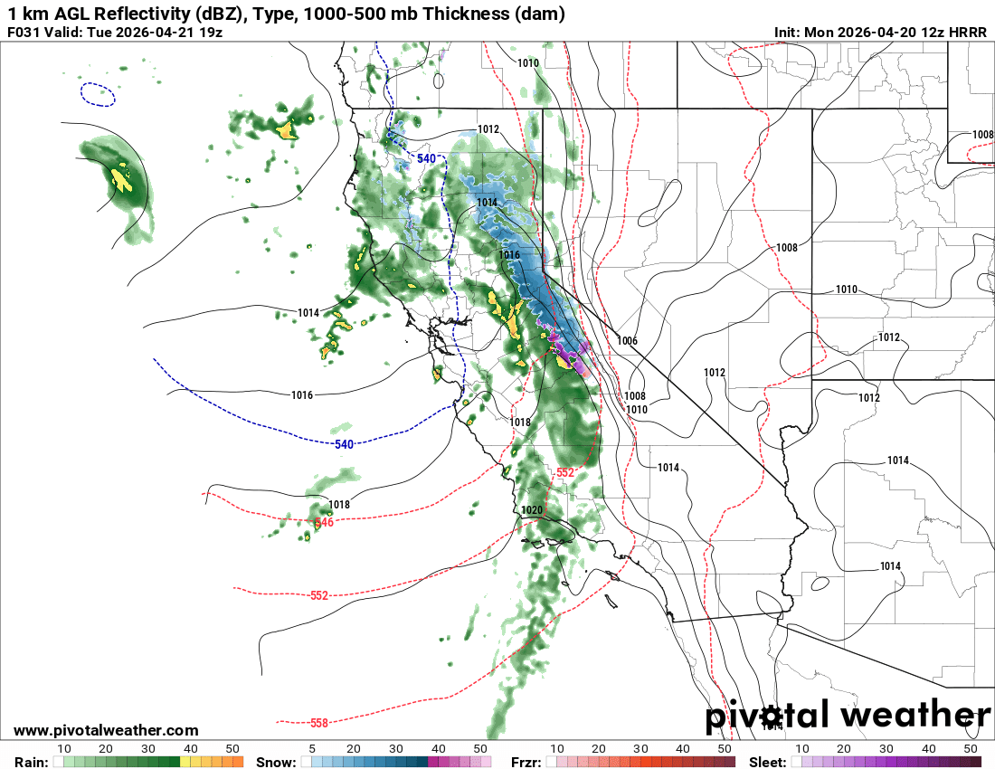 HRRR showing frontal passage over the Sierra Nevada
