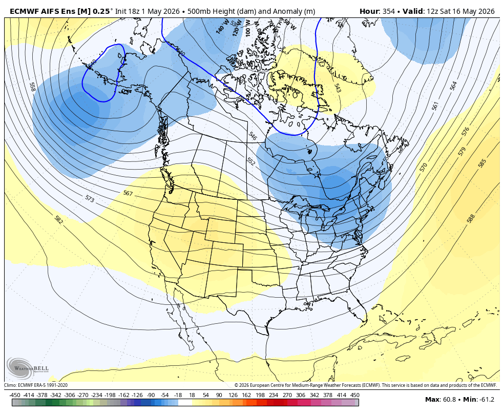 ECMWF AIFS showing a diffuse ridge signal over the west coast