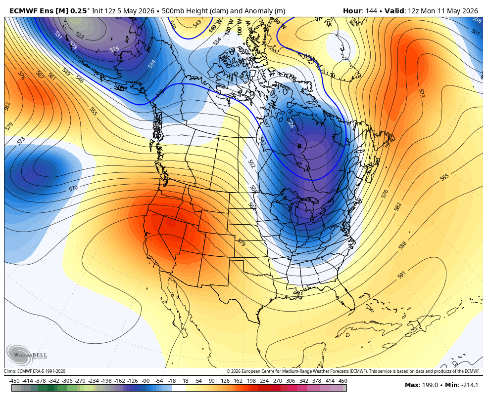 ECMWF 500 mb height anomaly showing a high-amplitude ridge centered over Nevada next Monday, 5/11/2026