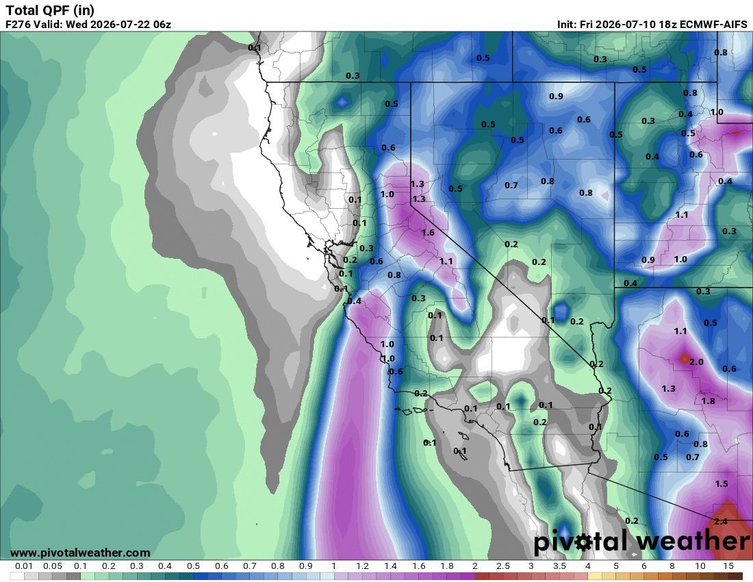 The European AI model shows a tropical system sending remnants toward California