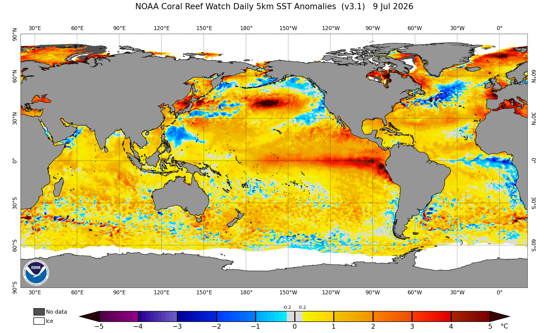 Sea-surface-temperature anomalies from July 9, 2026