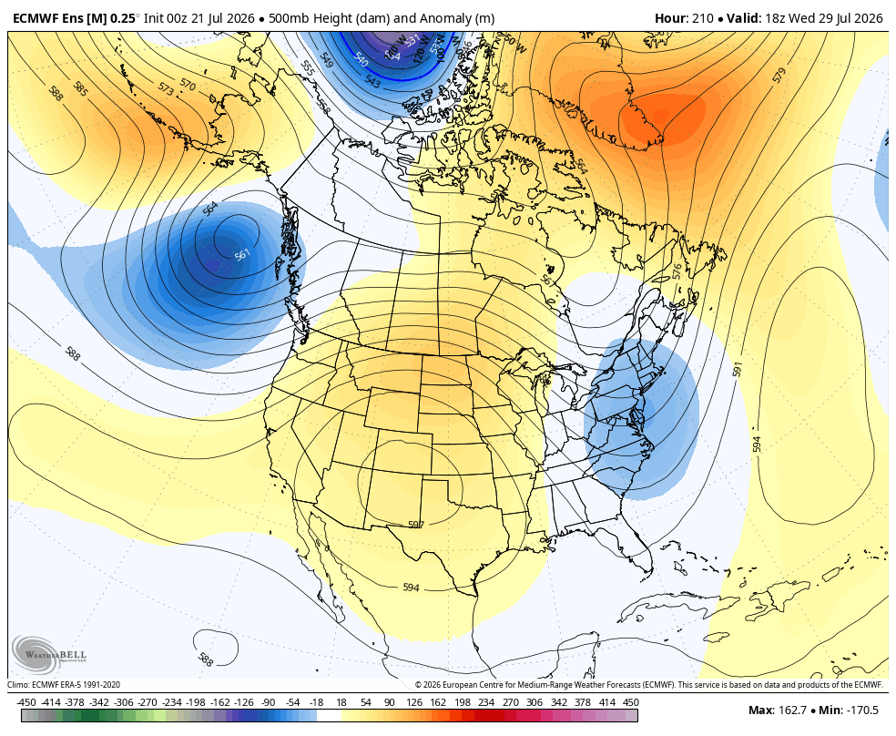 500mb ridging pattern showing a ridge over the SW