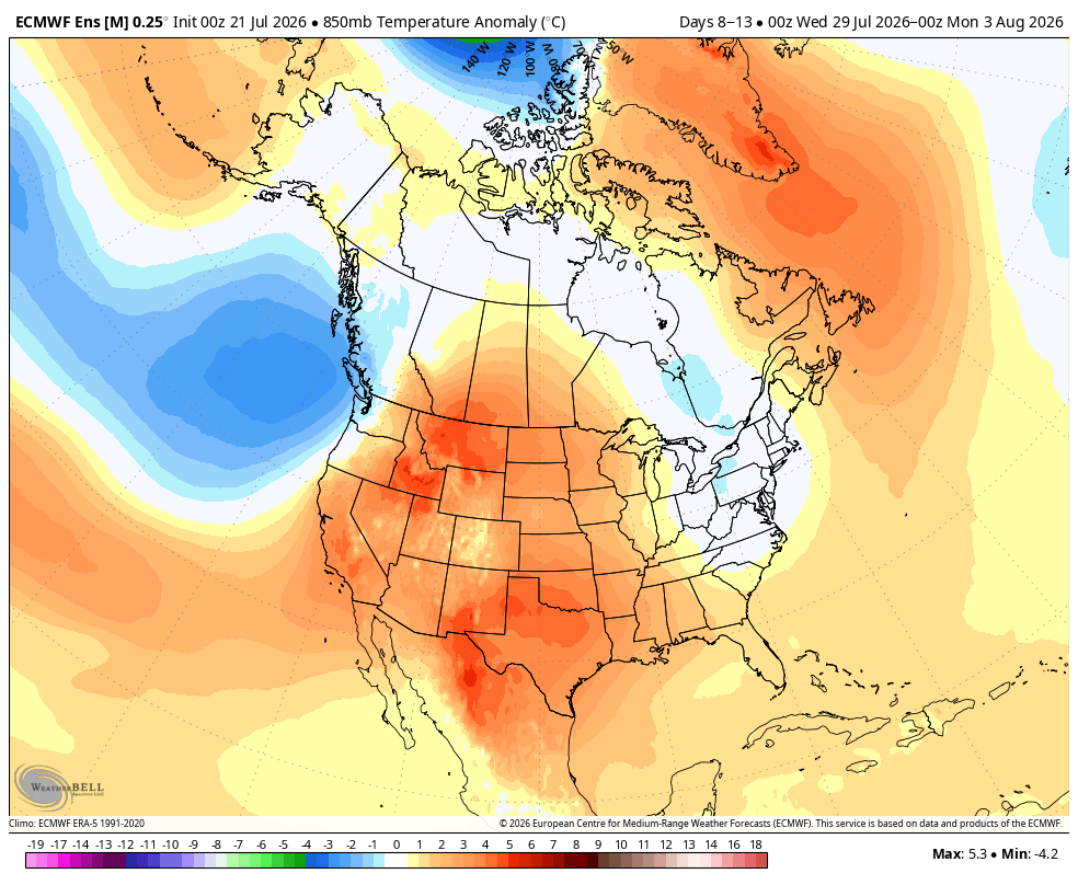 850mb temperature anomalies showing above-average temps in the SW