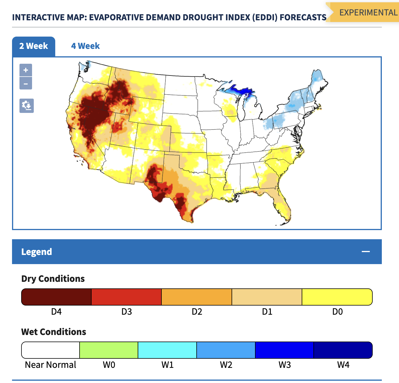 Evaporative demand forecast for the next two weeks showing significant strain on California