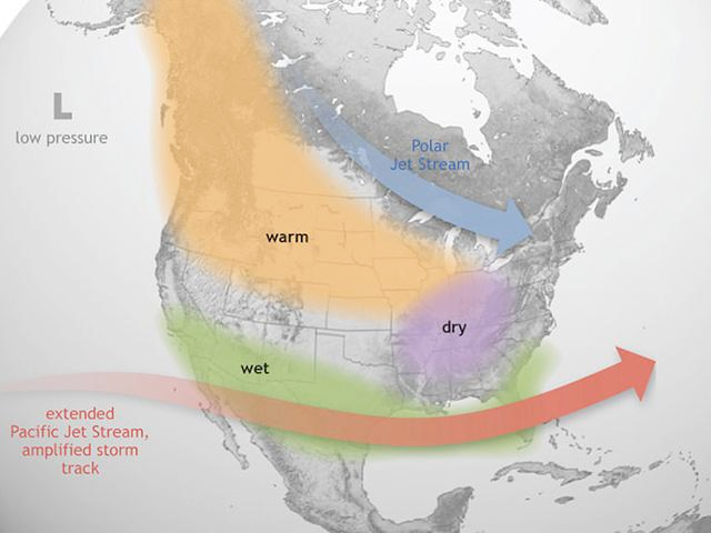 El Niño showing an amped-up jet stream into the Southern United States